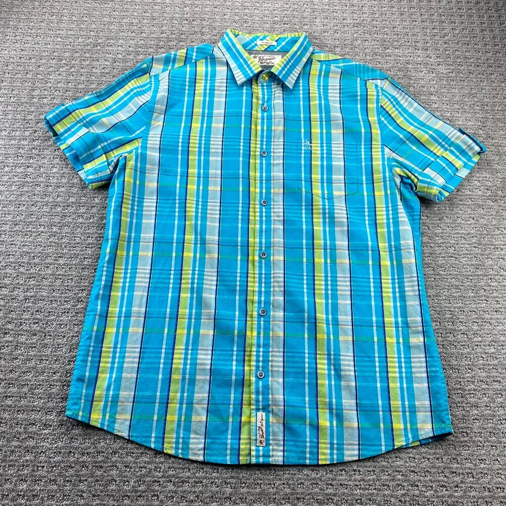 Penguin Shirt Men Large L Teal Yellow Blue Plaid Button Up Casual Polo